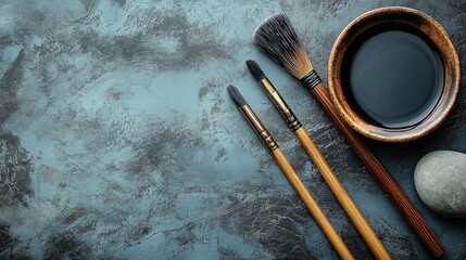 Artistic Still Life: Ink, Brushes, and Stone