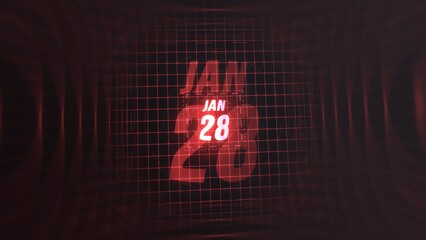 28 January. Calendar with number and month in neon red with grid background. 4k. 