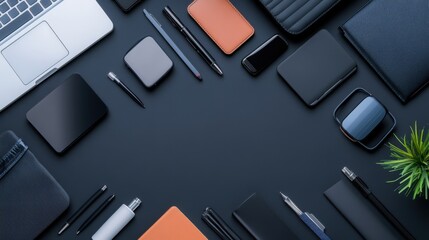 Modern workspace layout with office supplies, gadgets, and decorative plant on dark desk surface