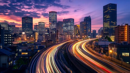Fototapeta premium Cityscape at Dusk Showing Light Trails on Elevated Highway