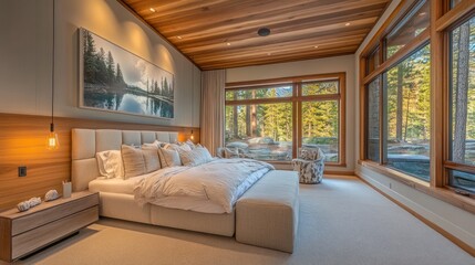 Luxurious bedroom with large windows, wooden ceiling, and calming decor.