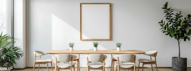Minimalist dining room with wooden table, chairs, and a large blank frame.