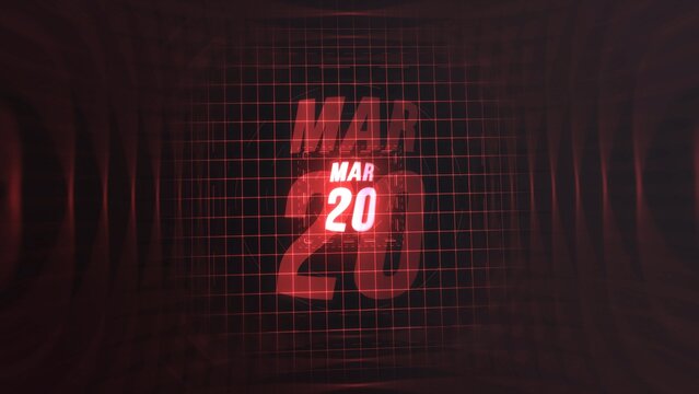 20 March. Calendar with number and month in neon red with grid background. 4k. 