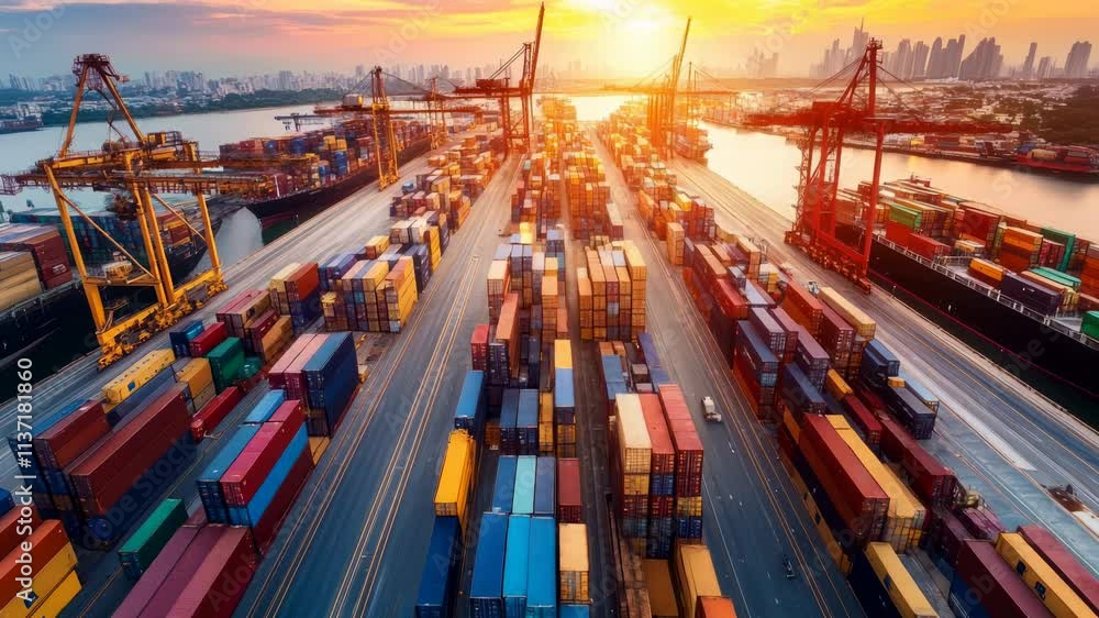 Poster aerial view of a cargo ship loading and unloading at the port with containers during sunset. a warsh