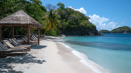 Tropical Beach Scene With Lounge Chairs And Gazebo
