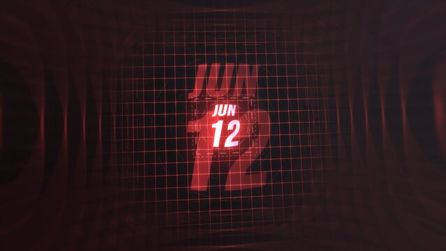 12 June. Calendar with number and month in neon red with grid background. 4k. 