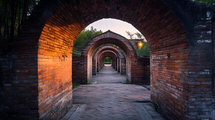 Fototapeta premium Brick Archway Pathway Leading Through Serene Garden