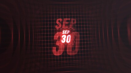 30 September. Calendar with number and month in neon red with grid background. 4k. 