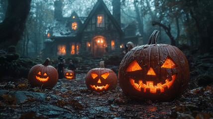 Spooky Halloween night with carved pumpkins in misty forest setting