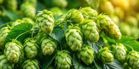 Fototapeta premium Cluster of fresh hops with green leaves for brewing beer, hops, cluster, green, leaves, brewery, brewing, fresh, ingredient