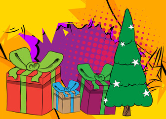 Cartoon Gift Box and Christmas decorated pine tree, comic book Celebration Retro vector comics pop art design.