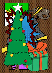 Cartoon Gift Box and Christmas decorated pine tree, comic book Celebration Retro vector comics pop art design.