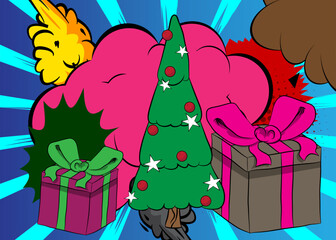 Cartoon Gift Box and Christmas decorated pine tree, comic book Celebration Retro vector comics pop art design.