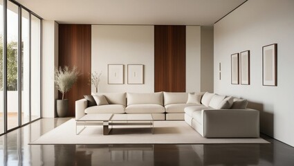 Fototapeta premium A sleek and modern living room with a focus on minimalist design. The room features a large sectional sofa, a low coffee table, and a few pieces of artwork. The color scheme is predominantly white and