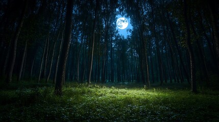 Fototapeta premium Full Moon Illuminates A Nighttime Forest Scene