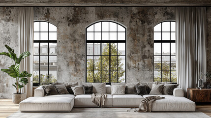 Obraz premium Industrial Chic Living Room: A modern sectional sofa graces a spacious loft apartment, bathed in natural light streaming through expansive arched windows overlooking a cityscape.