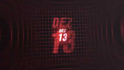 13 Dezembro. Calendar with number and month in neon red with grid background. 4k. 