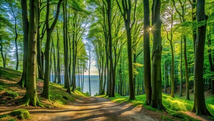 Fototapeta premium Lush green forest in Park Narodowy Jasmund on Rugia island, Germany, national park, Jasmund, Rugia, Germany, forest, trees