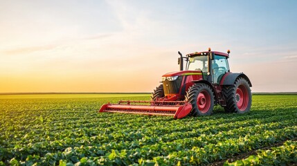 Fototapeta premium Red Tractor Working on Lush Green Field Under Bright Evening Sky at Sunset in Agriculture Farming Landscape