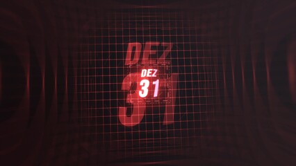 31 Dezembro. Calendar with number and month in neon red with grid background. 4k. 