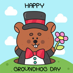 happy groundhog day with flower kawaii animal woodland