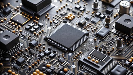 Close-up view of a complex black circuit board with various electronic components , technology