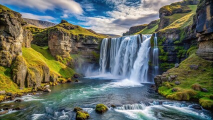 Obraz premium River water flowing from Icelandic cascade over cliff, Iceland, cascade, water stream, scenic, nature, landscape, cliff