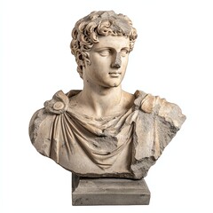 Obraz premium A classical marble bust depicting a young man with curly hair, dressed in a draped garment, showcasing ancient sculpture artistry.