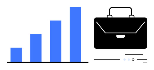 Four blue vertical bars in increasing height next to a black briefcase. Ideal for business growth, career advancement, financial success, corporate development, economic analysis, educational