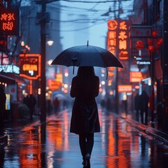 Fototapeta premium Solo walker with an umbrella on a rainy urban street, a moody and reflective moment.