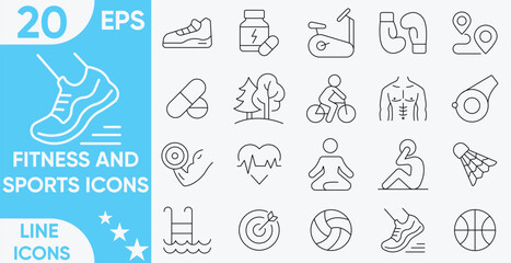 Set of sports and fitness line icons set.Sports Editable line Icon, vector set.wellbeing, mental health, healthcare, sport related icons.Vector and illustrator set.