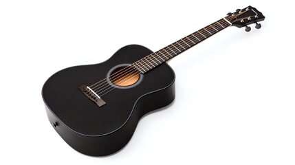 A sleek black acoustic guitar with a textured finish and a warm wooden sound hole, perfect for musicians and music enthusiasts.