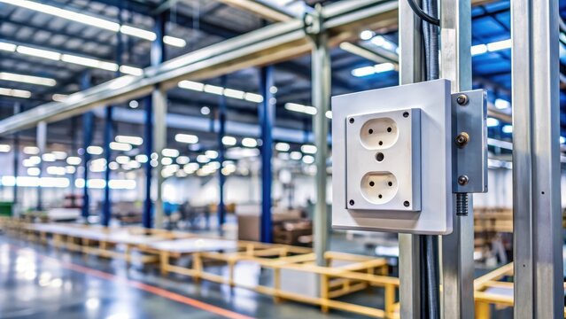Unplugged socket hanging on metal rack in factory , socket, unplugged, metal rack, factory, industrial