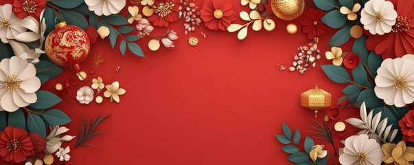 Floral accented chinese zodiac symbols on vibrant red artistic digital celebration