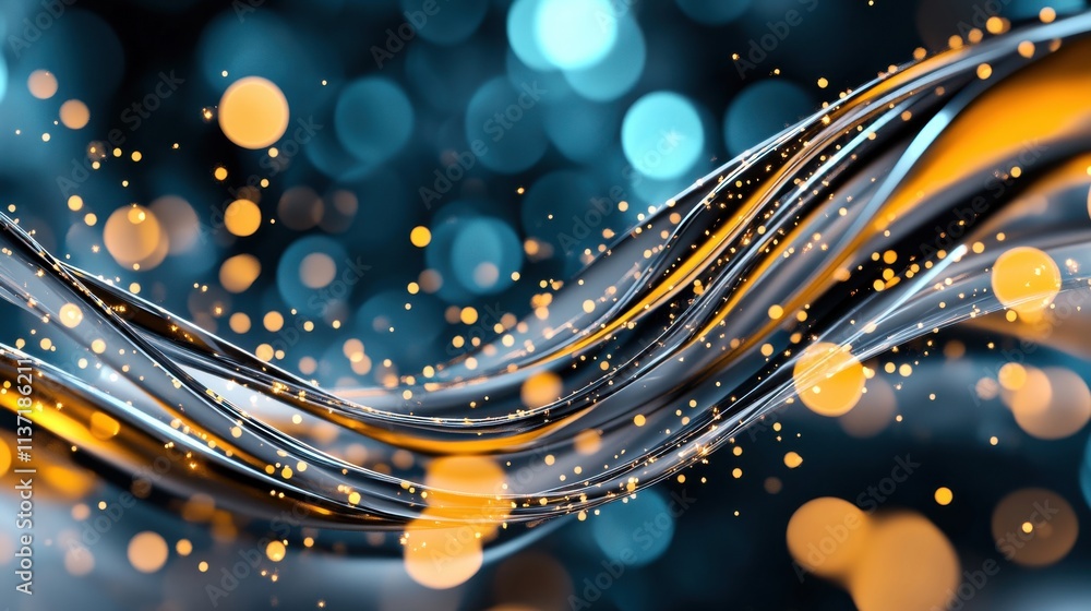 Poster abstract flowing waves with glittering bokeh and smooth textures in blue, orange, and black color pa