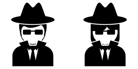 person in Trench Coat and Hat, spy agent or detective, criminal hacker icon profile in two gender for job profession vector	