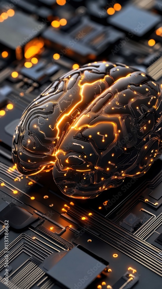 Poster futuristic representation of a human brain merging with technology, featuring intricate circuit patt