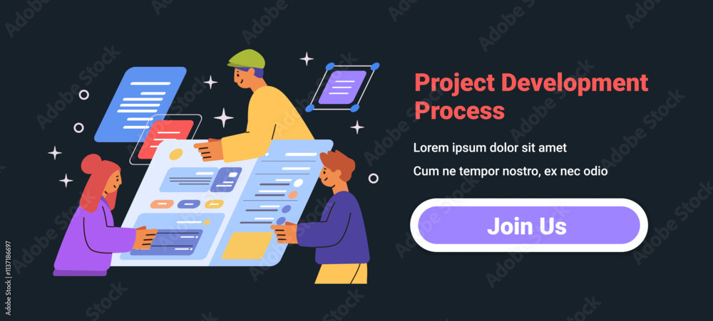 Poster project development process teamwork concept colorful characters collaborating on digital interface 