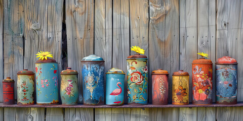 Fototapeta premium Twelve Vintage Painted Metal Containers on Wooden Shelf