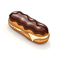 Delicious chocolate cream eclair with glossy chocolate glaze on soft pastry, digital illustration of food art concept.