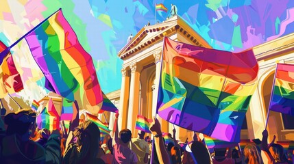 Vibrant Pride celebration with colorful flags waving.