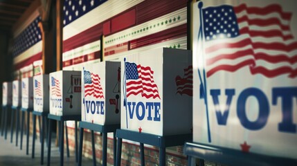 Voting booths with American flags in a row