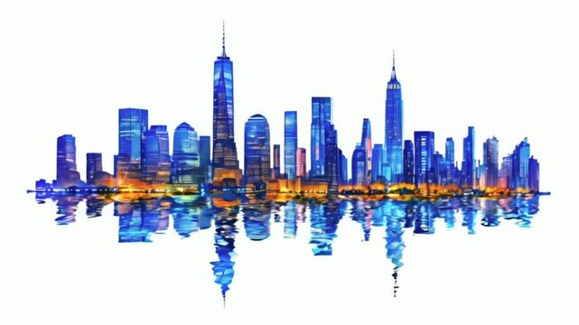 city skyline in the city New York City skyline at night with illuminated skyscrapers on an isolated white background. Concept of cityscape and urban design template HD VIDEO CLIP