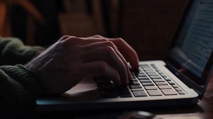 Close-up of Hands Typing on Laptop in Low Light