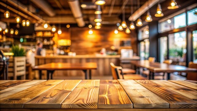 Empty wooden table with blurred restaurant cafe background, perfect for displaying products or mockups , stock photo, table