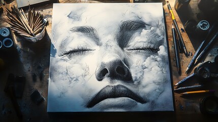 Serene Face Embraces Cloudy Dreamscape Canvas Art
