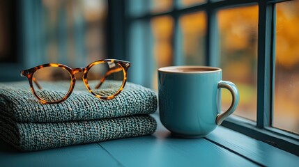 Cozy Photo of Glasses and Coffee Mug on Table
