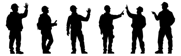 Silhouettes of Construction Workers with Tools and Gestures