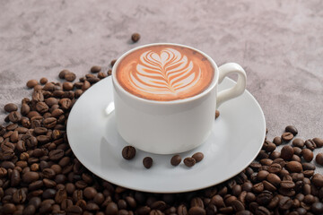 Coffee cup and coffee beans isolated on gray background, Black coffee cup aromatic
