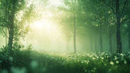 Sunlit misty forest with green trees and wildflowers.